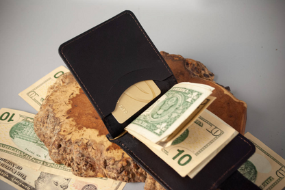 Black Leather Money Clip with Coin Pocket – Embossed Ukrainian Trident