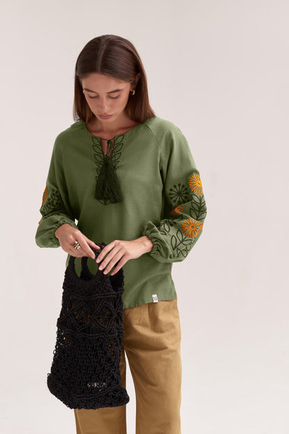 Women's Embroidered Blouse (Vyshyvanka) "Sunflowers" Khaki