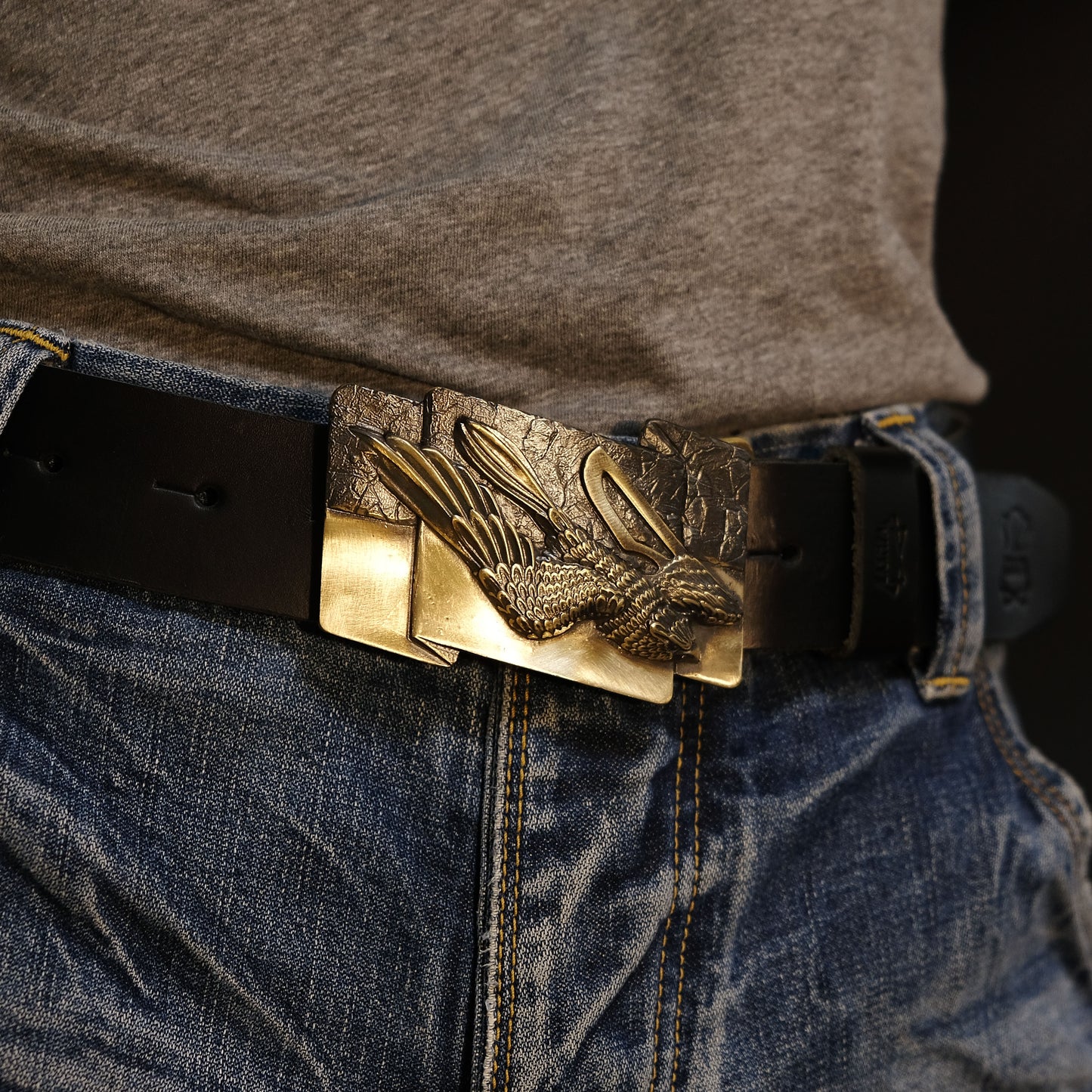 Leather Belt "Free Bird" with Brass Buckle