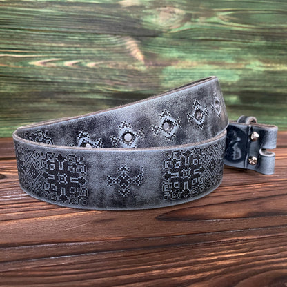 Leather Belt Blank with engraving Ukrainian Embroidery (WITHOUT BUCKLE) Gray