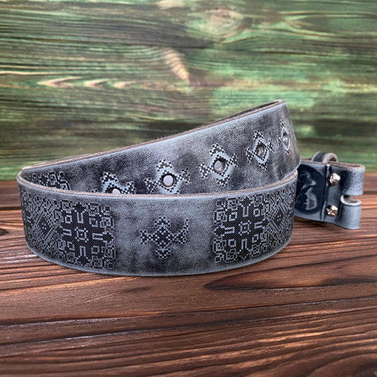 Leather Belt Blank with engraving Ukrainian Embroidery (WITHOUT BUCKLE) Gray