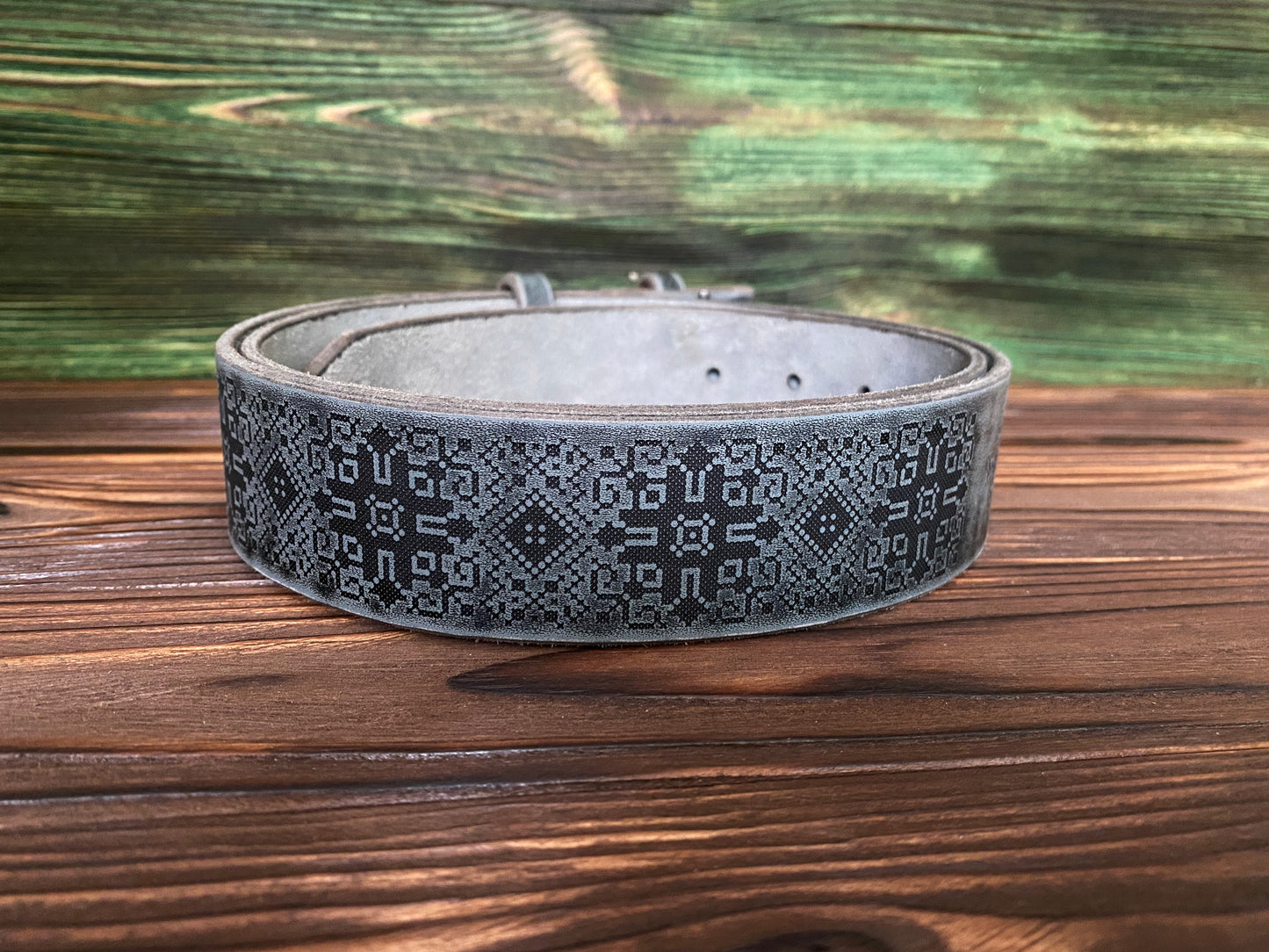 Leather Belt Blank with engraving Ukrainian Embroidery (WITHOUT BUCKLE) Gray