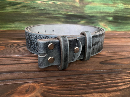 Leather Belt Blank with engraving Ukrainian Embroidery (WITHOUT BUCKLE) Gray