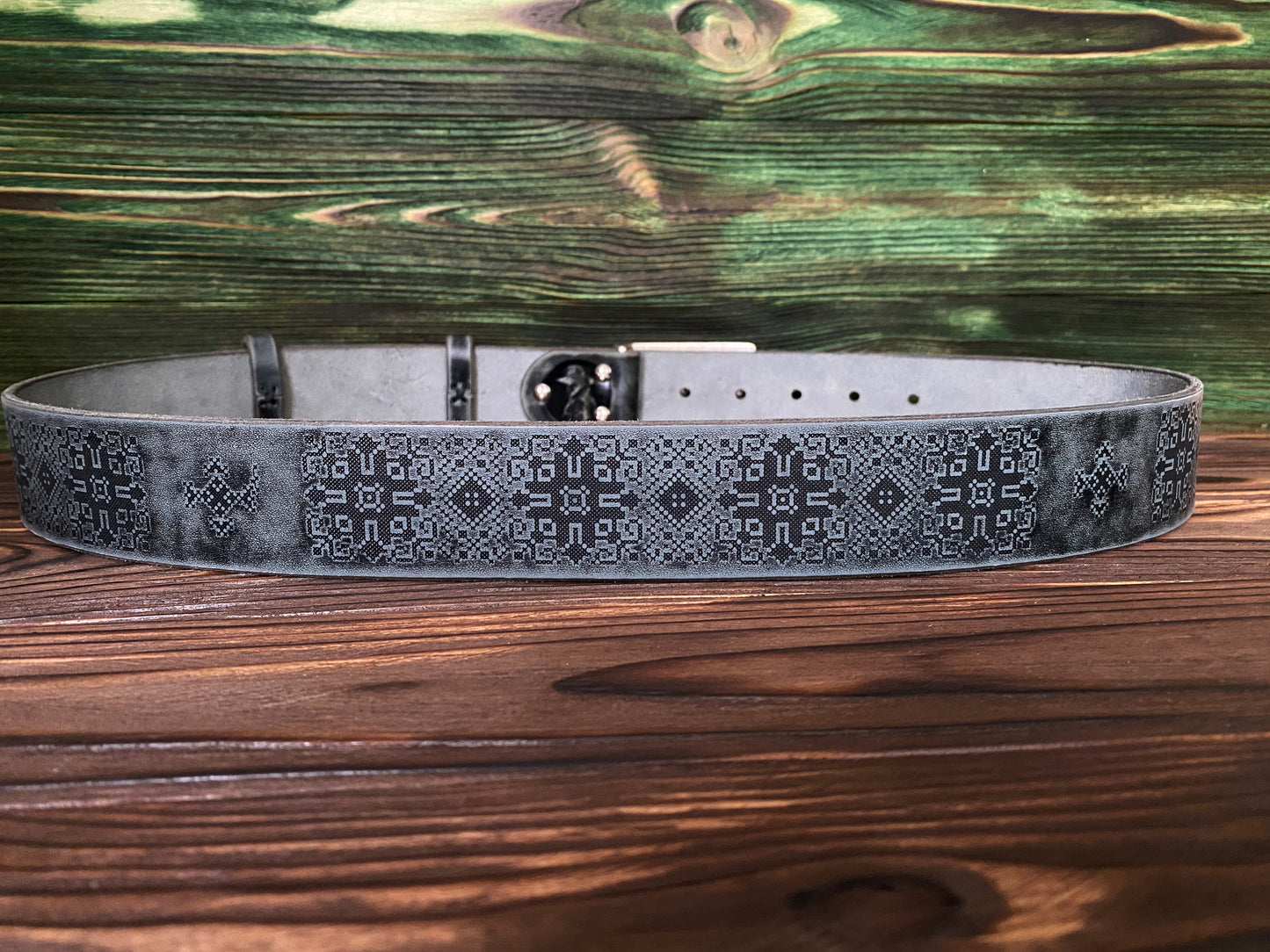 Leather Belt Blank with engraving Ukrainian Embroidery (WITHOUT BUCKLE) Gray