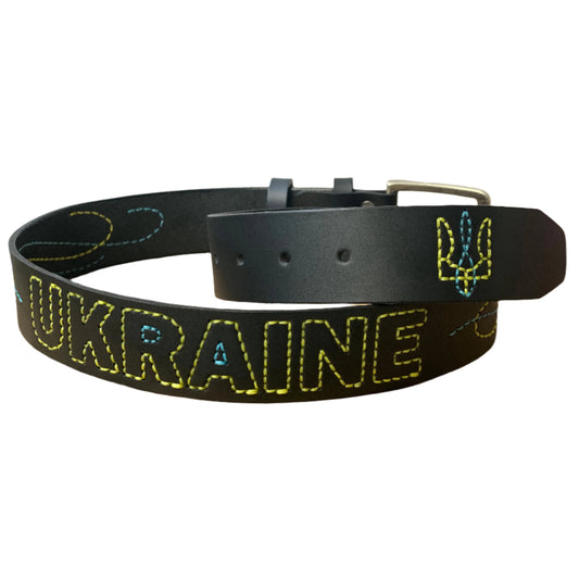 Leather Belt Blank with embroidered 'Ukraine' lettering (WITHOUT BUCKLE) Black