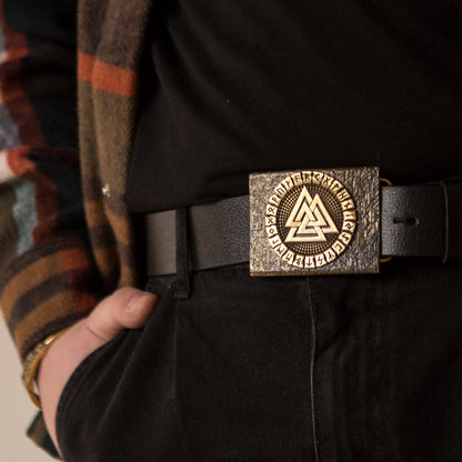 Leather Belt "Valknut" with Brass Buckle