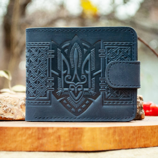 Dark Blue Men's Leather Wallet with Ukrainian Trident Emblem