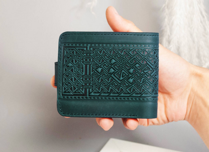 Dark Green Men's Leather Wallet with Ukraine Trident Emblem