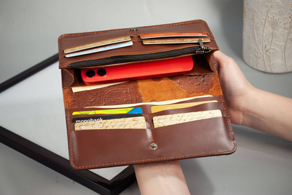 Women’s Long Leather Wallet in Rust Brown with "Blooming Garden" Embossing