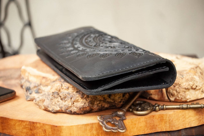 Women's Genuine Leather Wallet in Black with Mandala Embossing