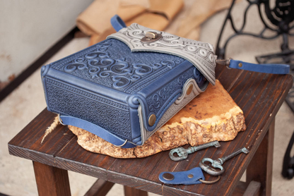 Small Gray-Blue Leather Crossbody Backpack with Boho Ornament