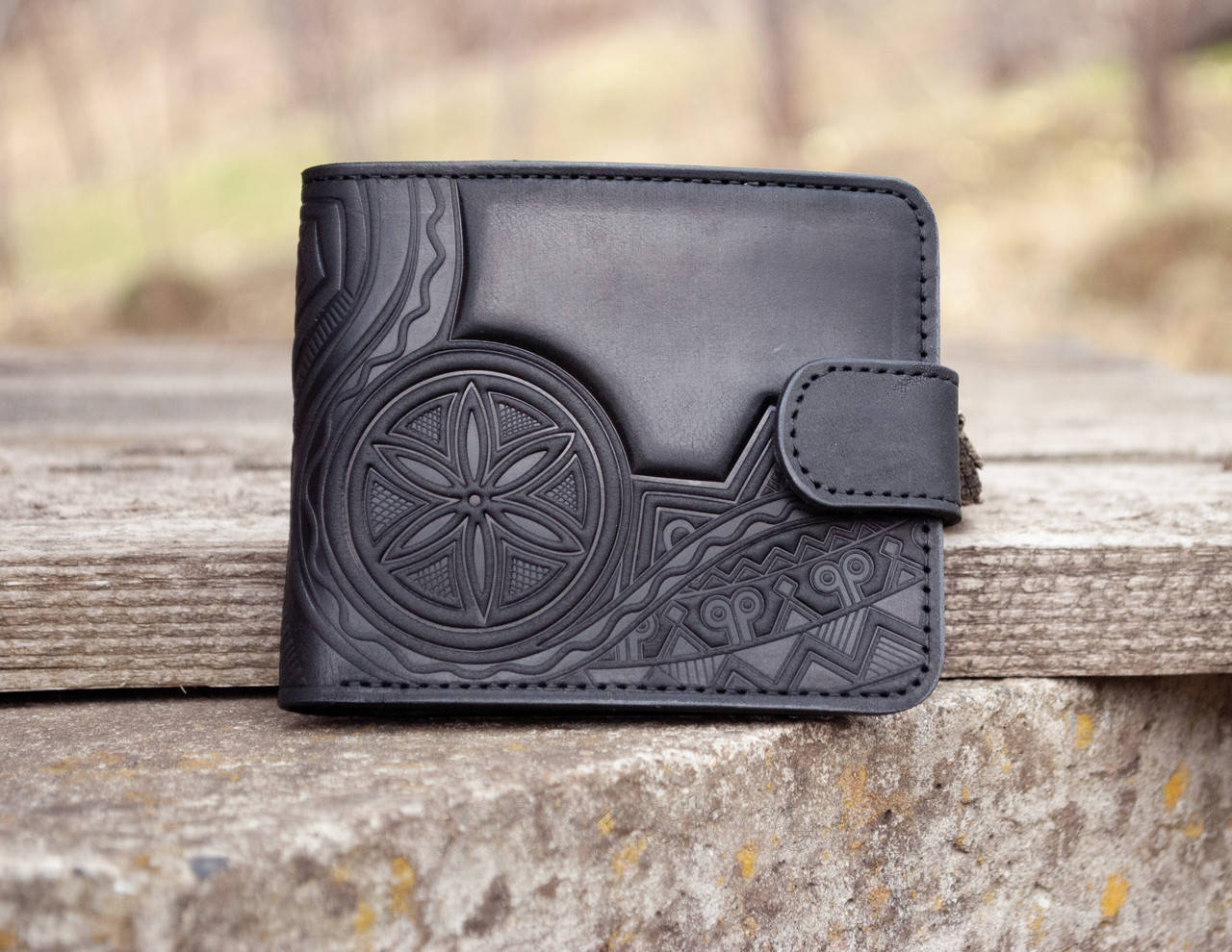 Men's Black Leather Wallet with "Ancestors' Cult" Embossing