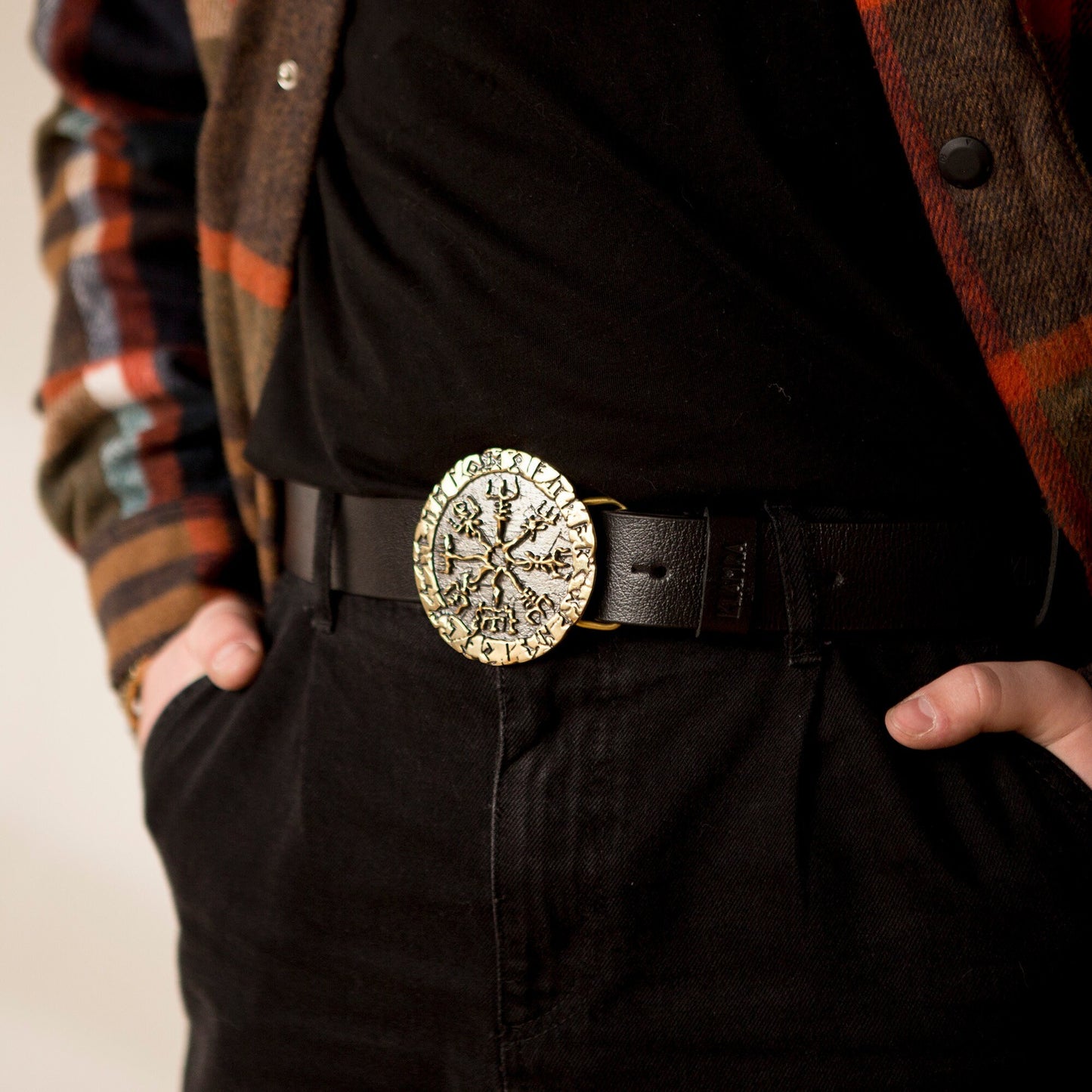 Leather Belt "Vegvisir" with Brass Buckle