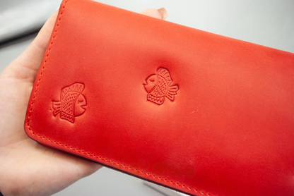 Red Leather Wallet with Cat Embossing