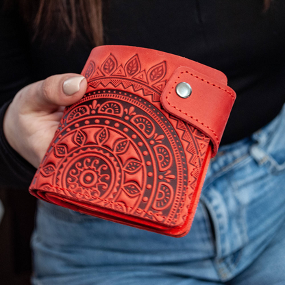 Red Leather Wallet with "Sun" Embossing