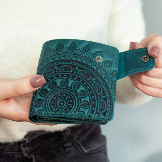 Leather Wallet with Embossed "Sun" Design in Turquoise