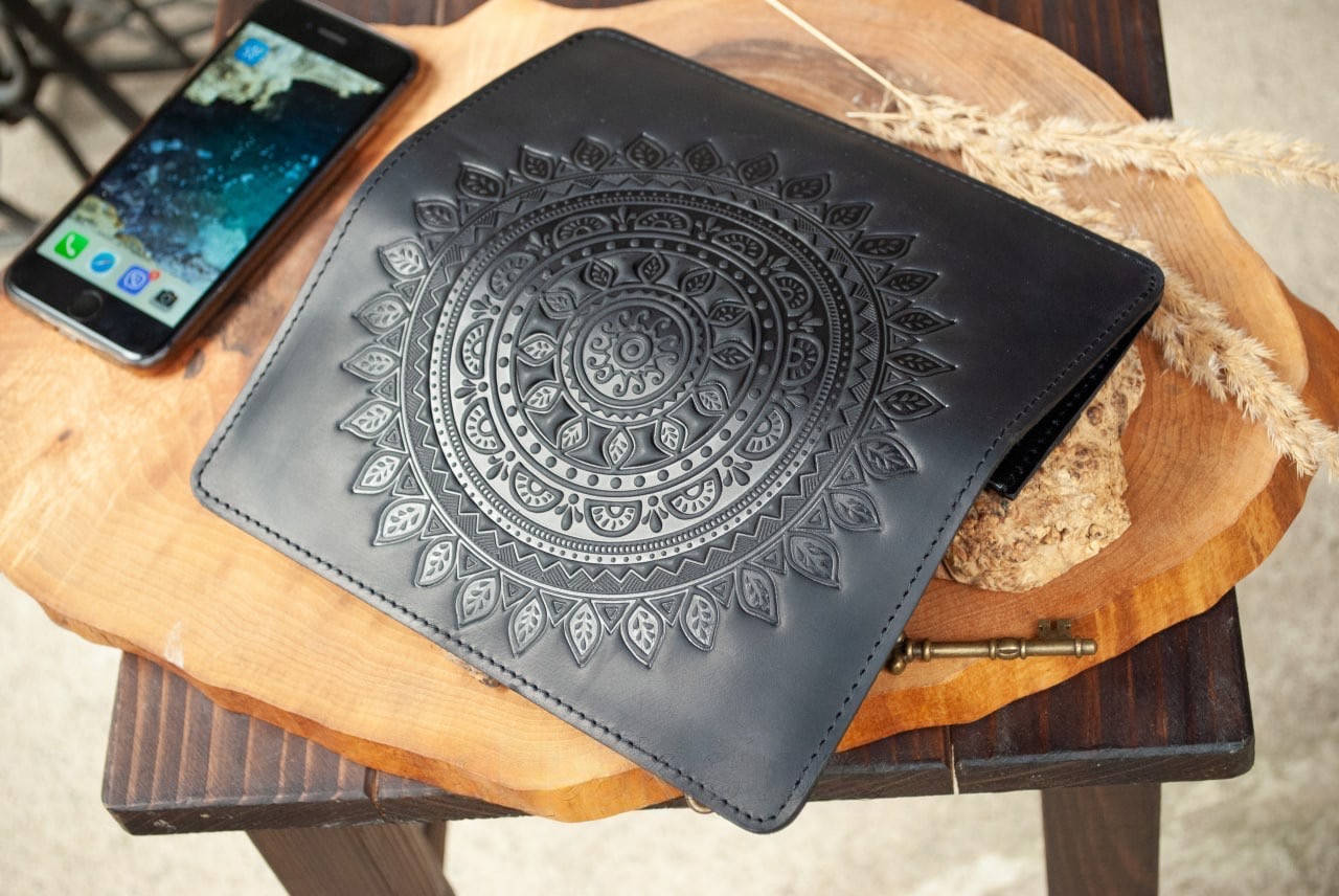 Women's Genuine Leather Wallet in Black with Mandala Embossing