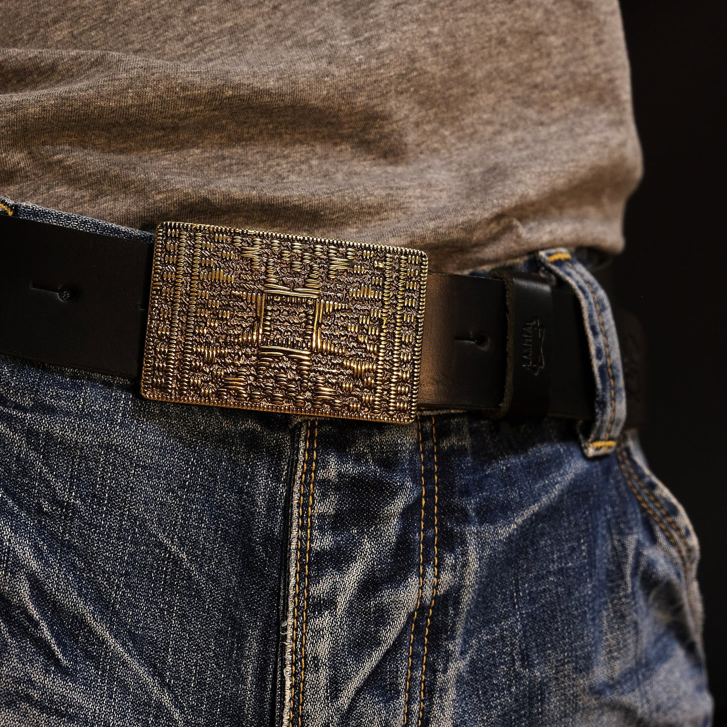 Leather Belt with Handmade Brass Buckle "Plakhta"