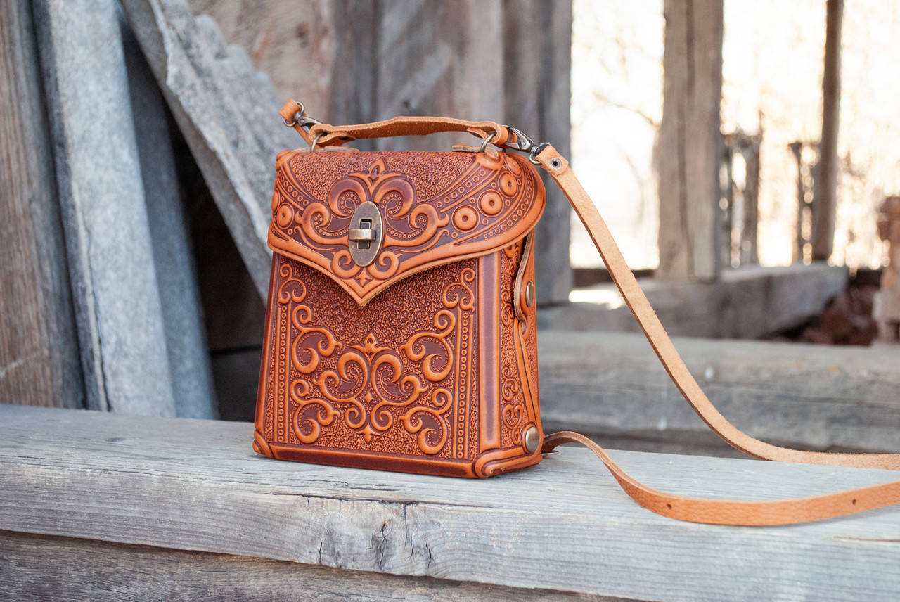 Small Rust Leather Crossbody Backpack with Boho Ornament