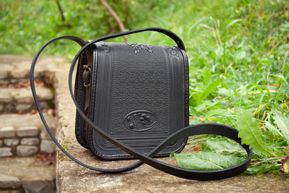 Black Rectangular Leather Crossbody Bag with Ethno Embossed Pattern