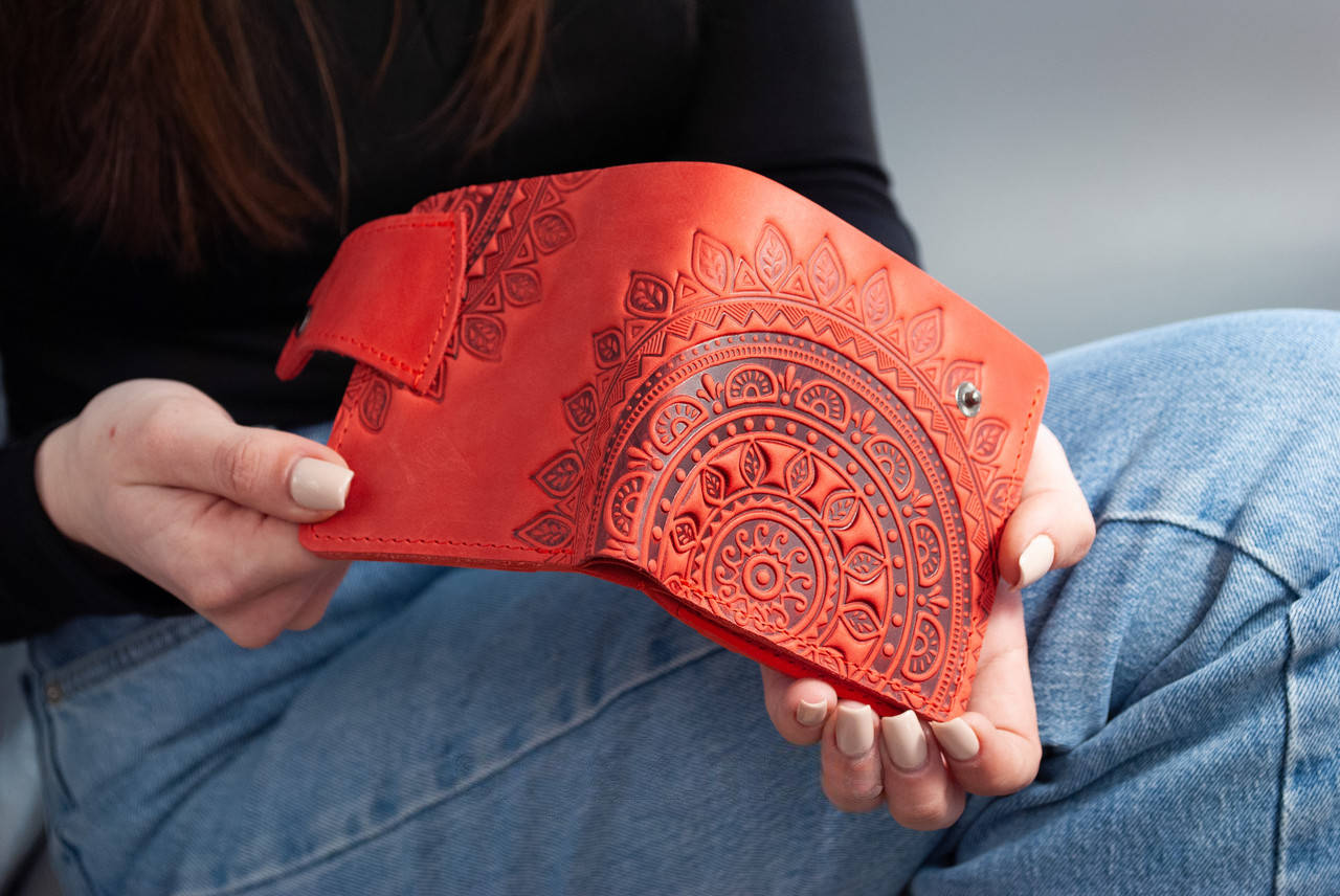 Red Leather Wallet with "Sun" Embossing