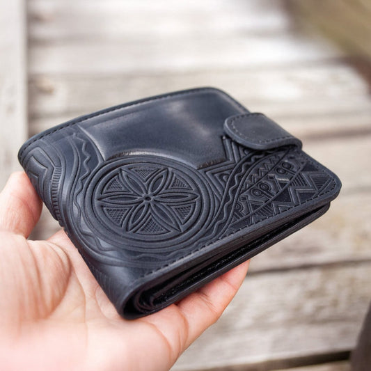 Men's Black Leather Wallet with "Ancestors' Cult" Embossing