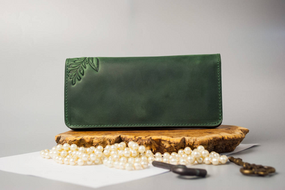 Green Long Leather Wallet with Owl Embossing