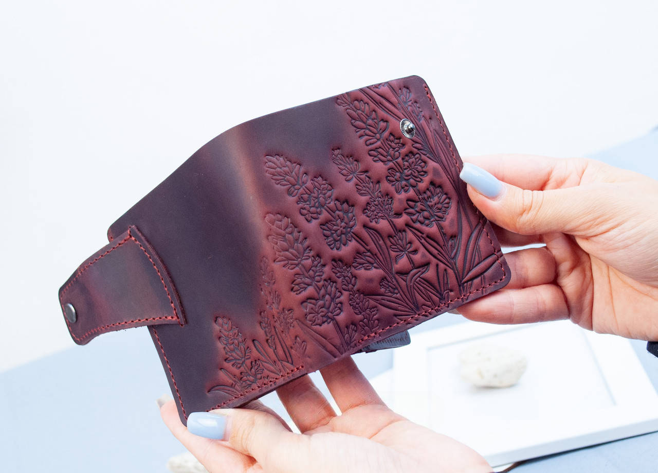 Maroon Leather Wallet with Lavender Embossing