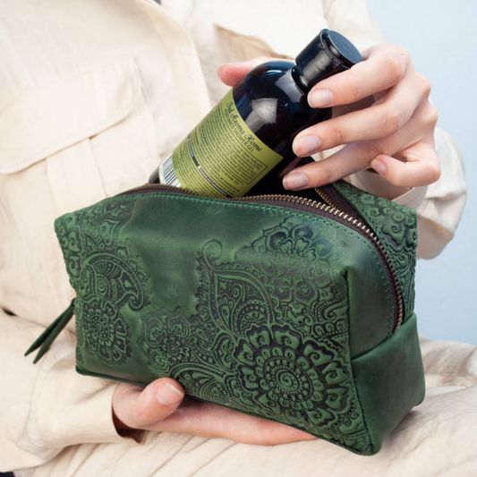 Large Green Leather Makeup Bag with "Blooming Garden" Embossed Design