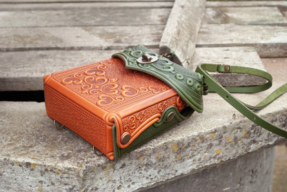 Small Rust-Green Leather Crossbody Backpack with Boho Ornament