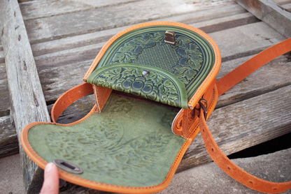 Olive and Ginger Leather Crossbody Bag with Boho Embossing