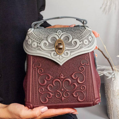 Small Burgundy-Gray Leather Crossbody Backpack with Boho Ornament