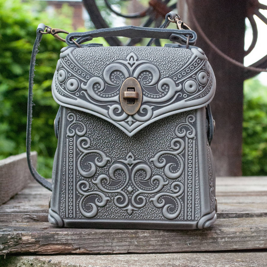 Small Gray Leather Crossbody Backpack with Boho Ornament