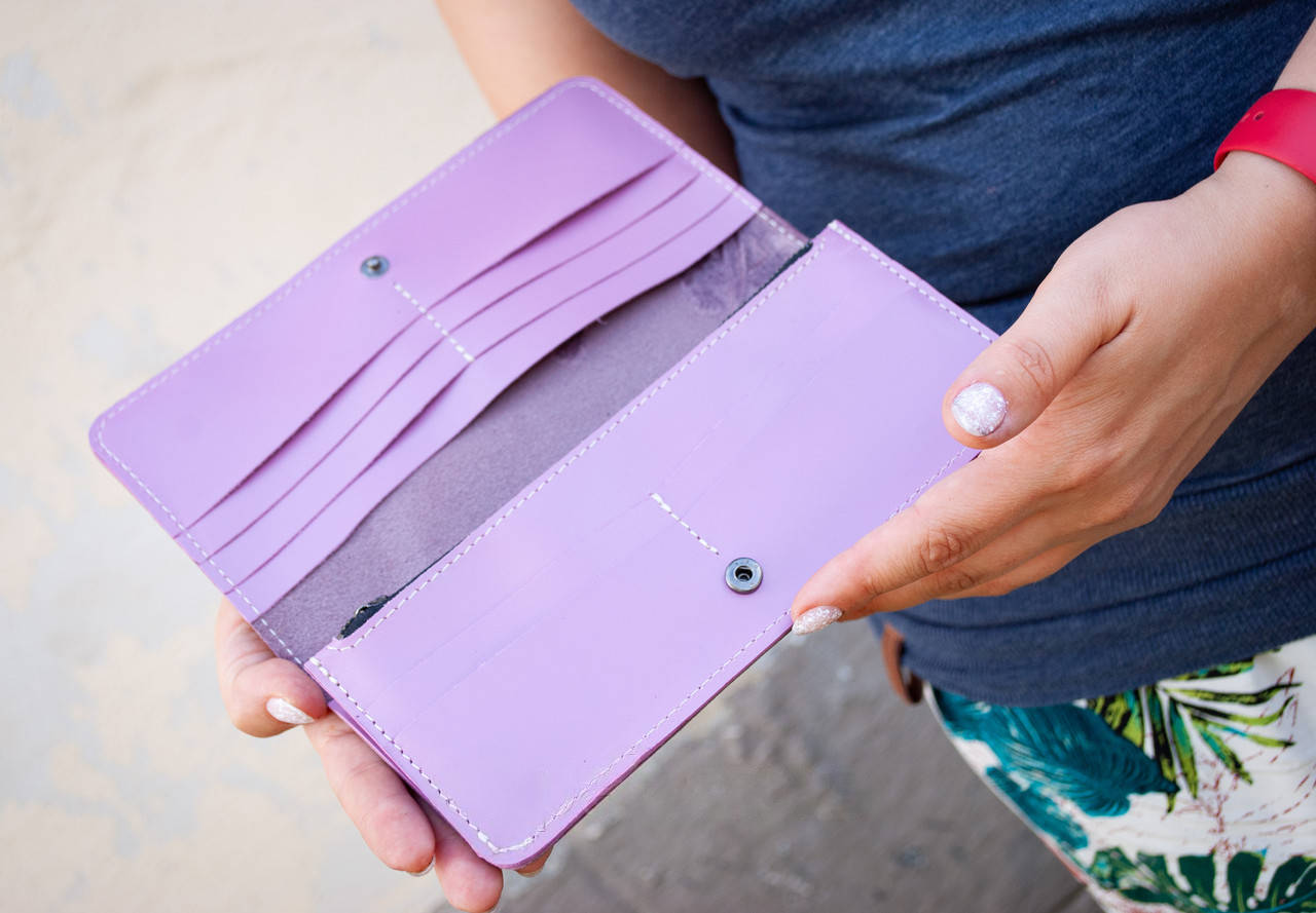 Long Women's Leather Wallet with Lavender Embossing