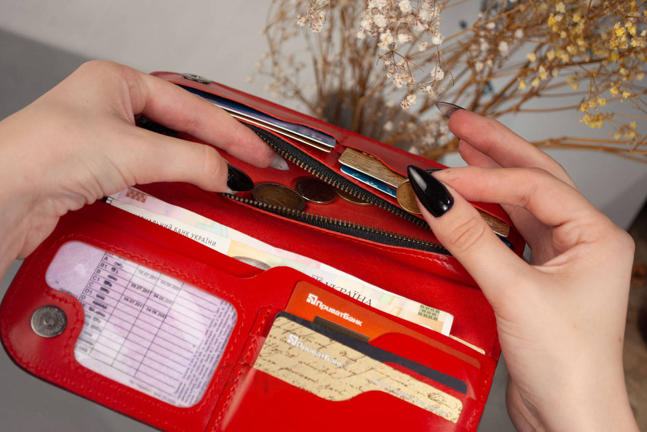 Red Long Leather Women's Wallet with Tryzub Embossing and Magnetic Closure