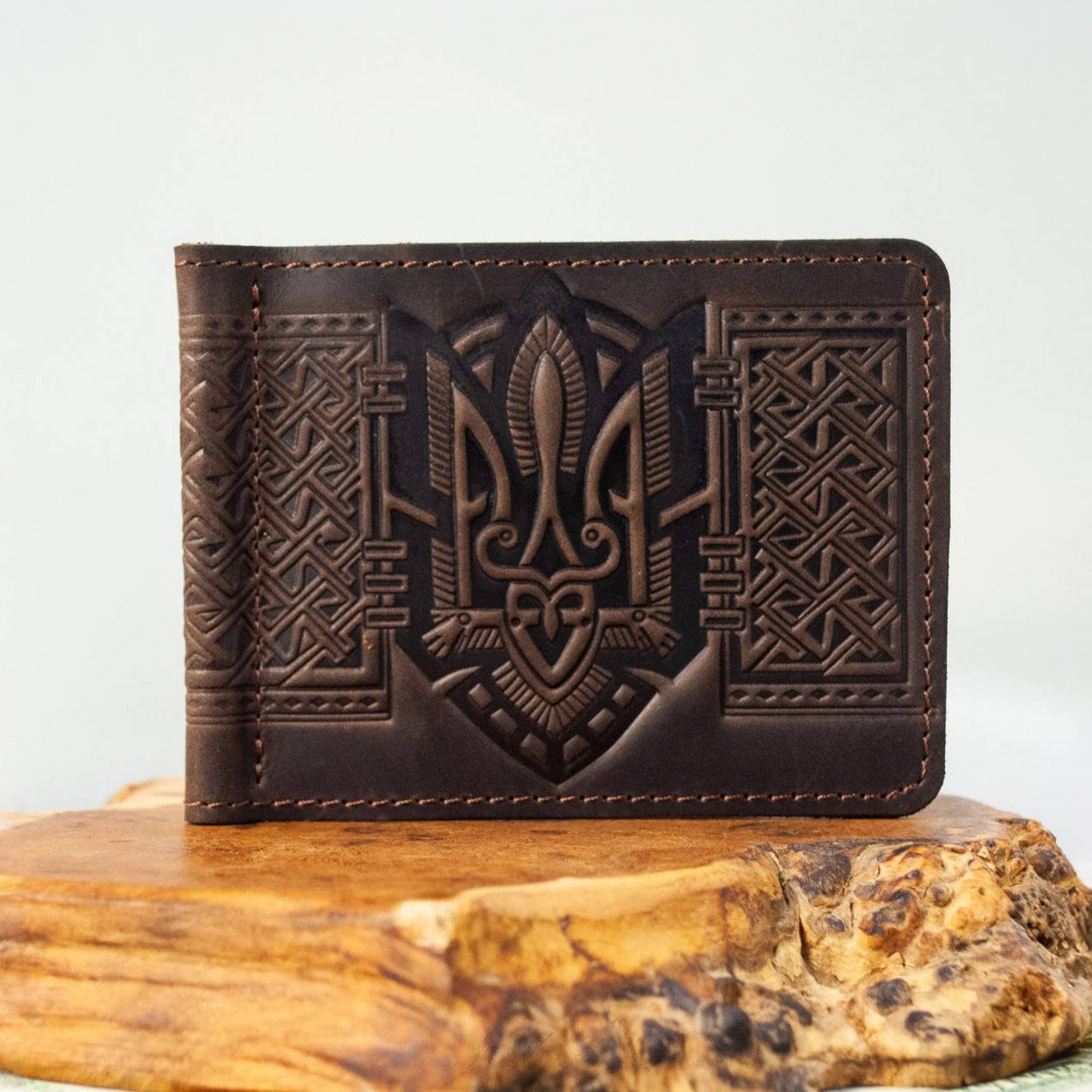 Dark Brown Leather Money Clip with Embossed Ukrainian Trident