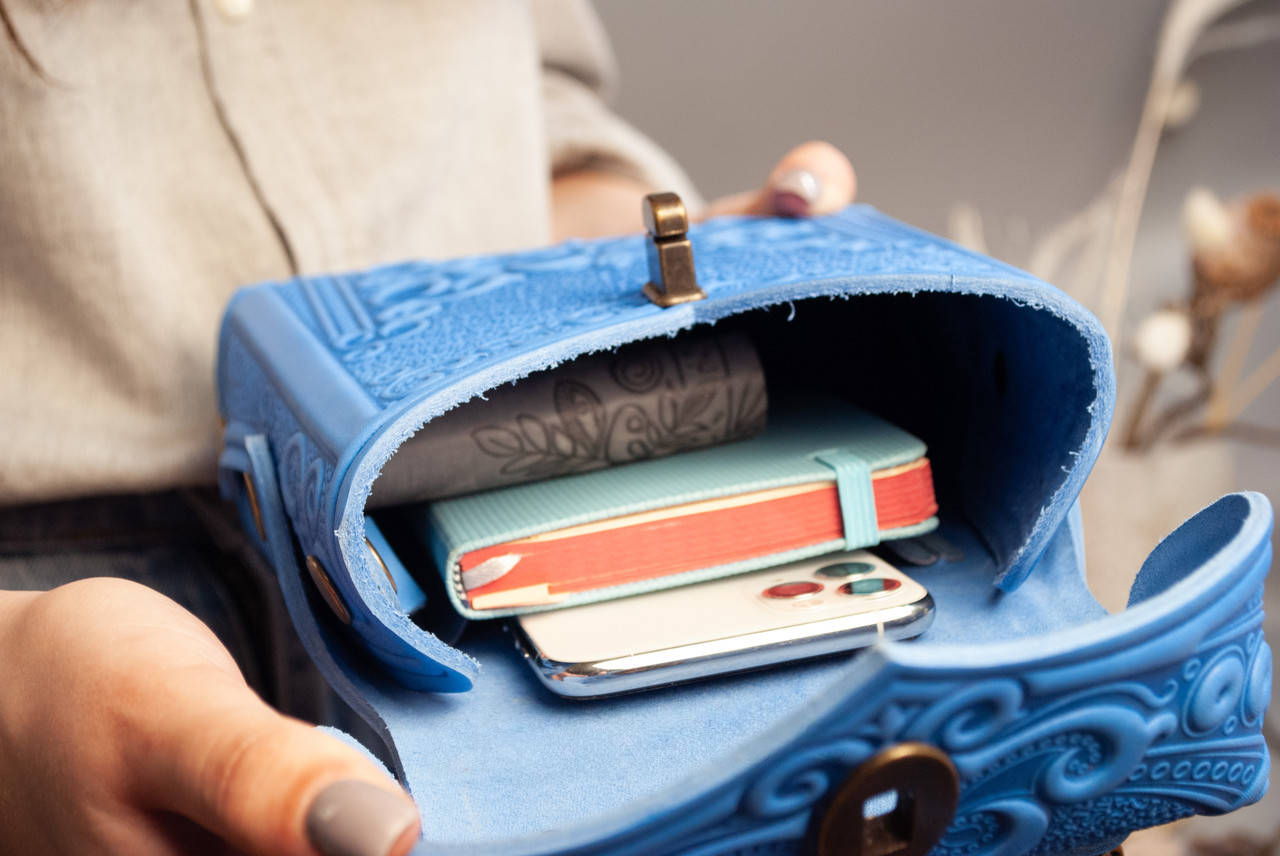 Small Light Blue Leather Crossbody Backpack with Boho Ornament