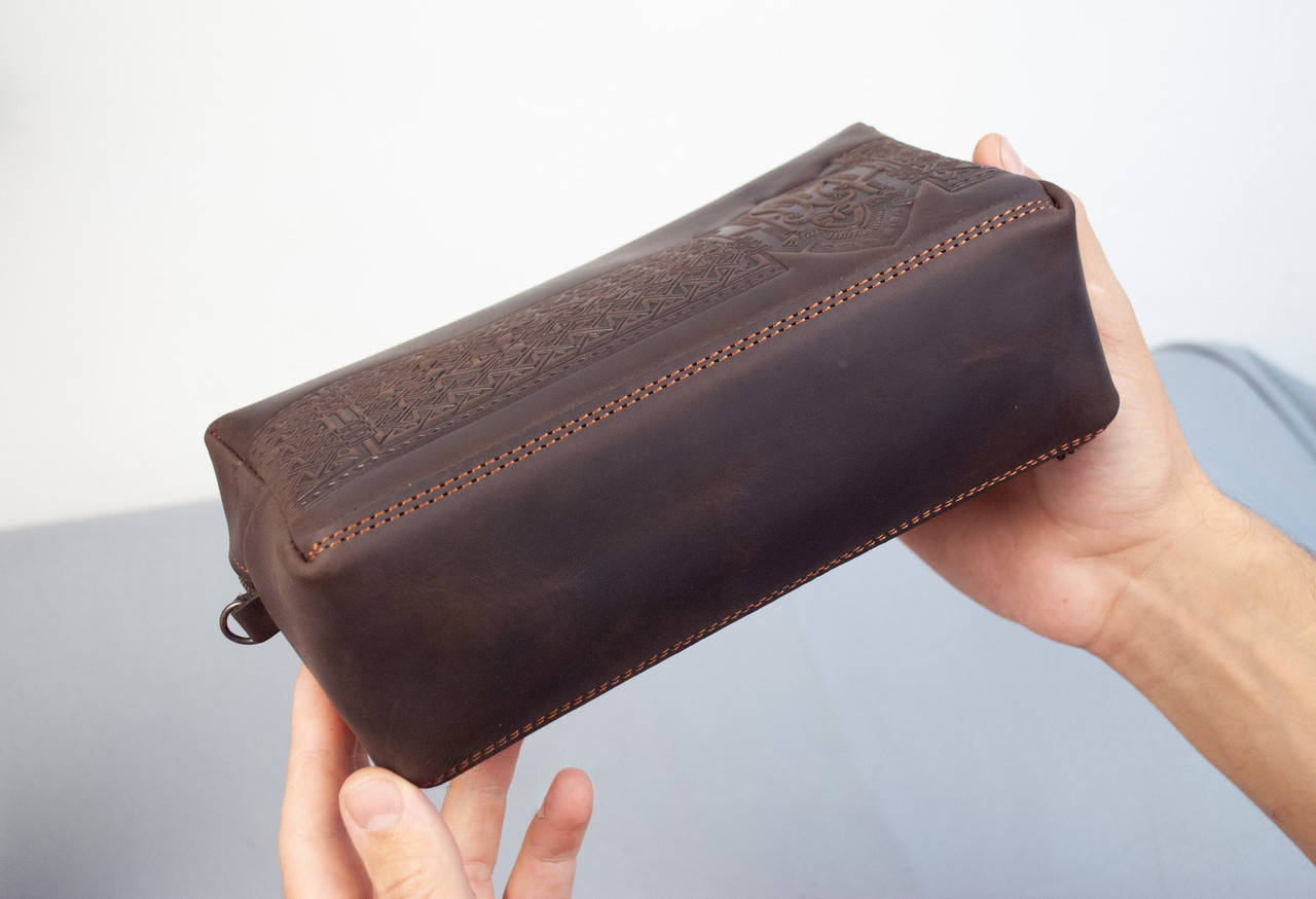 Large Brown Leather Men's Toiletry Bag with Embossed Ukrainian Trident