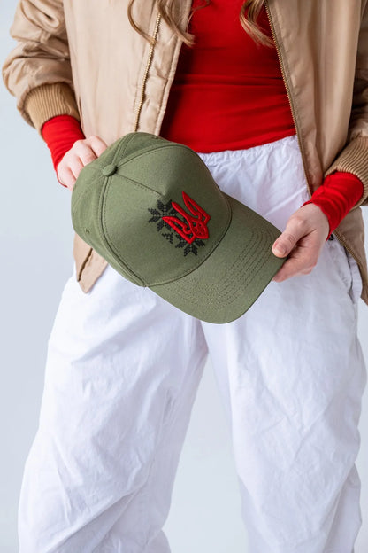 Baseball Cap with Tryzub and Embroidery (Khaki with Red)