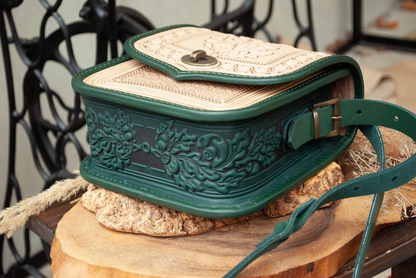 Green and Brown Rectangular Leather Crossbody Bag with Ethnic Embossing