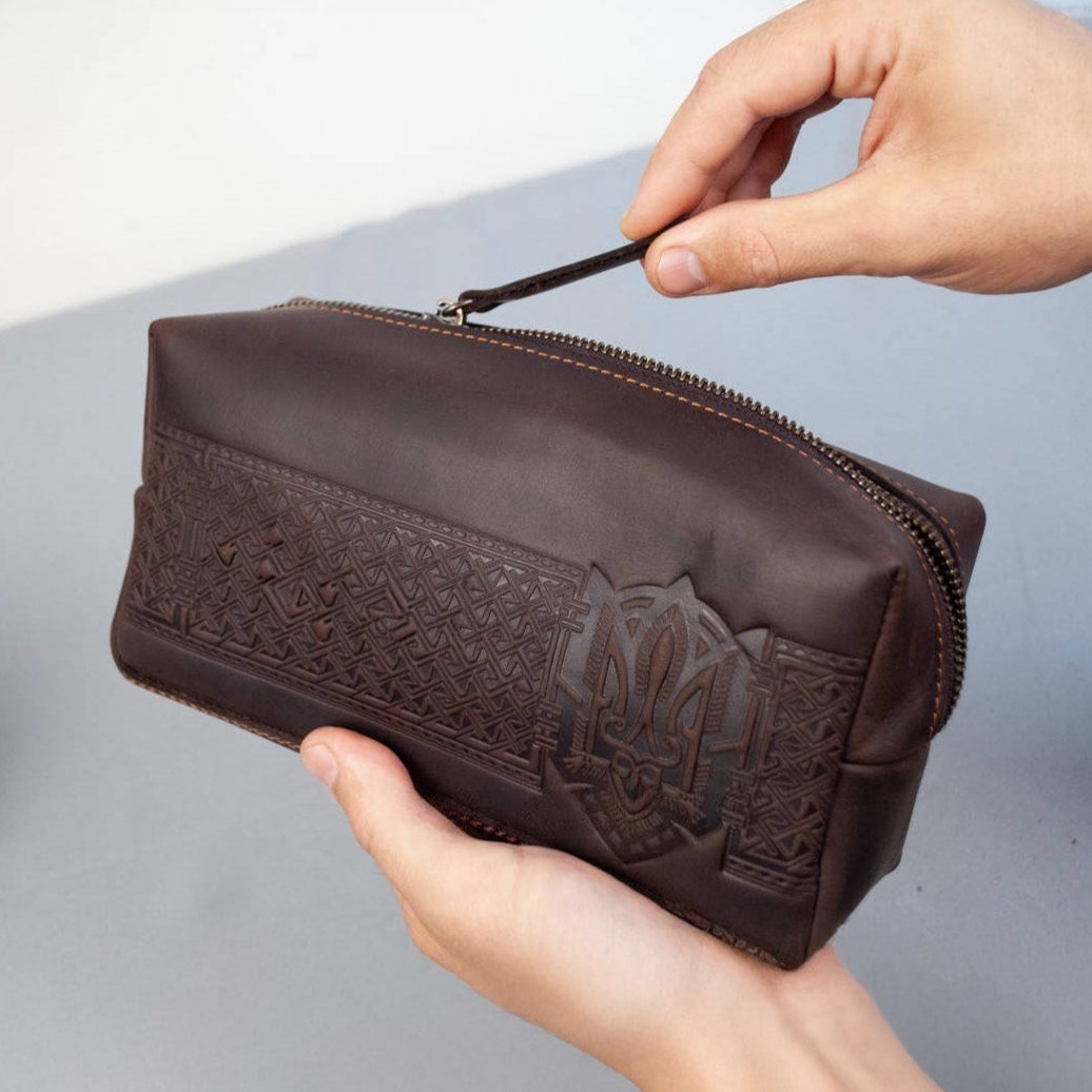 Large Brown Leather Men's Toiletry Bag with Embossed Ukrainian Trident