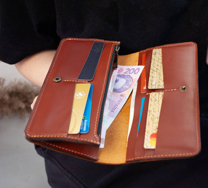 Women's Long Leather Wallet with Wheat Stalk Embossing – Rusty Brown