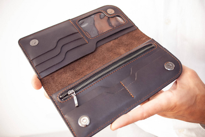 Long Dark Brown Leather Wallet with Ukraine's Trident Embossing