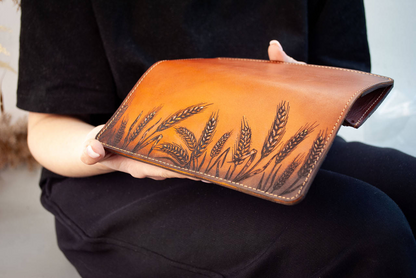 Women's Long Leather Wallet with Wheat Stalk Embossing – Rusty Brown