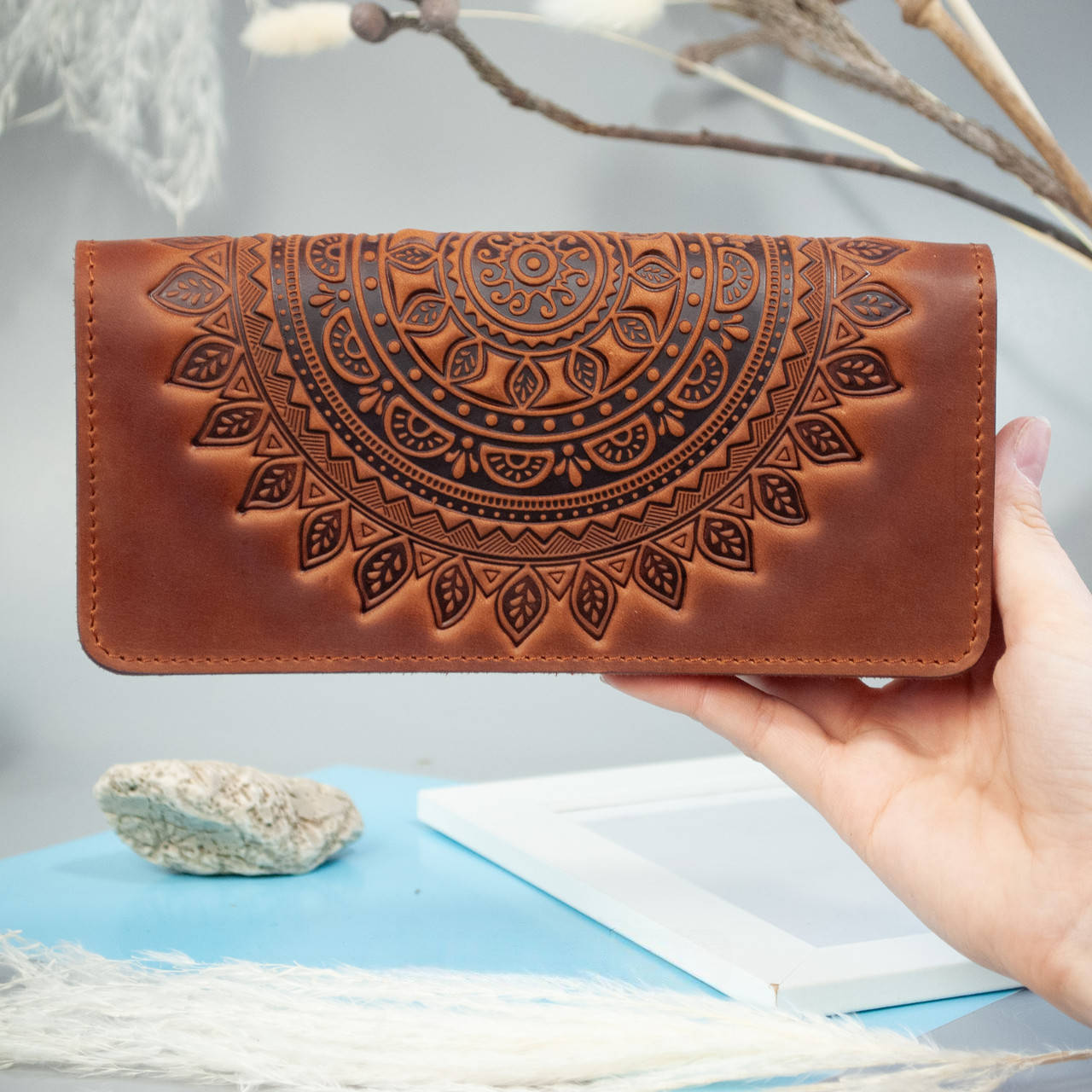 Women's Genuine Leather Wallet in Ginger with Mandala Embossing