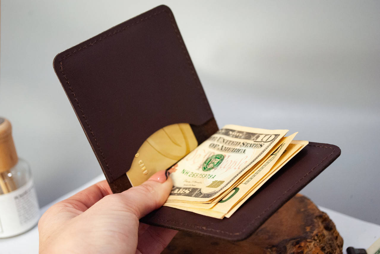 Dark Brown Leather Money Clip with Embossed Ukrainian Trident