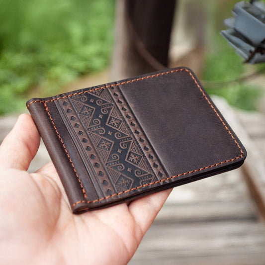 Dark Brown Leather Money Clip – Embossed with Ukrainian Ornament