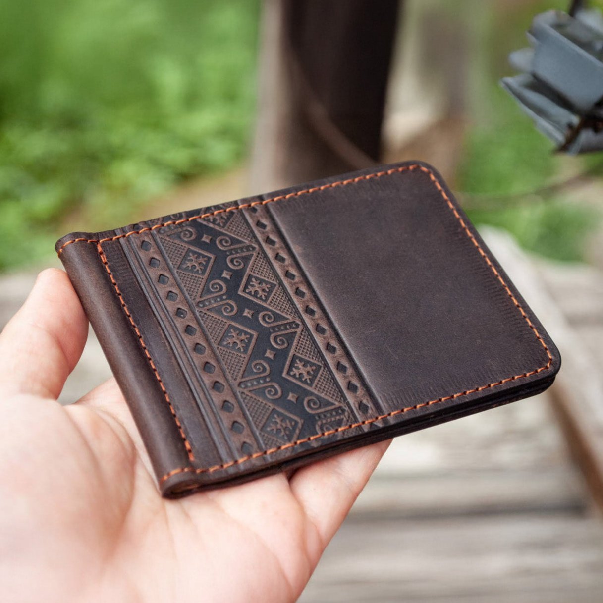 Dark Brown Leather Money Clip with "Sun" Mandala Embossing