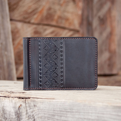 Black Leather Money Clip – Embossed with Ukrainian Ornament