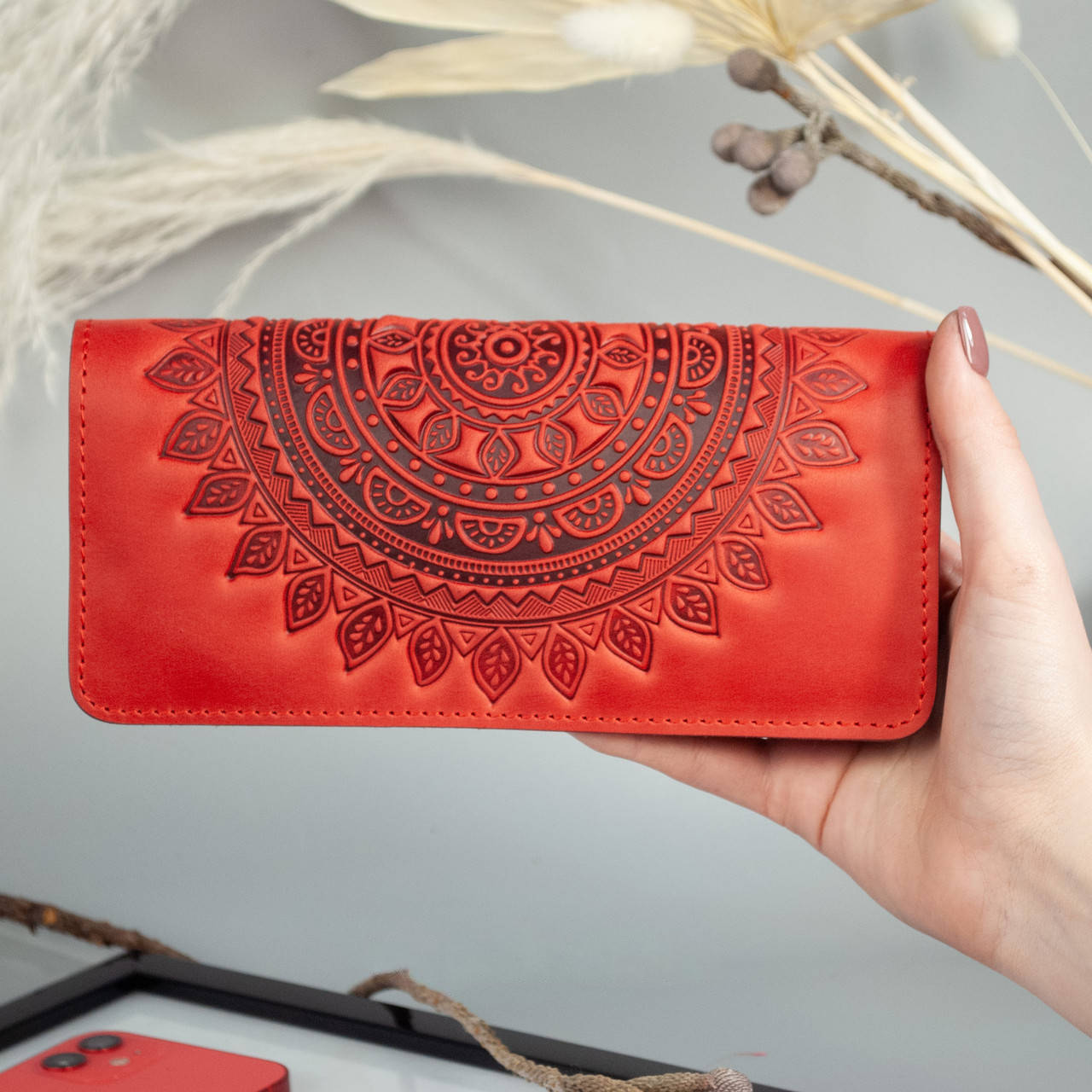 Women's Long Red Leather Wallet with "Mandala" Embossing